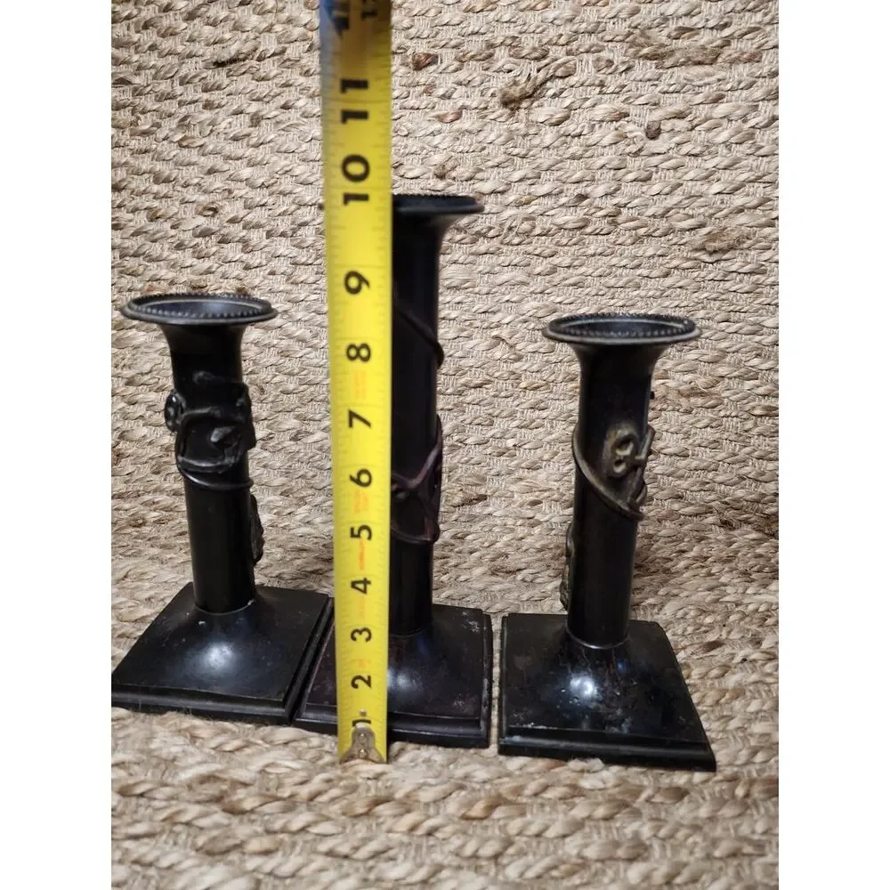 3 Vintage Traditional Italian Cast Iron Bronze Grapevine Candlestick Holders
